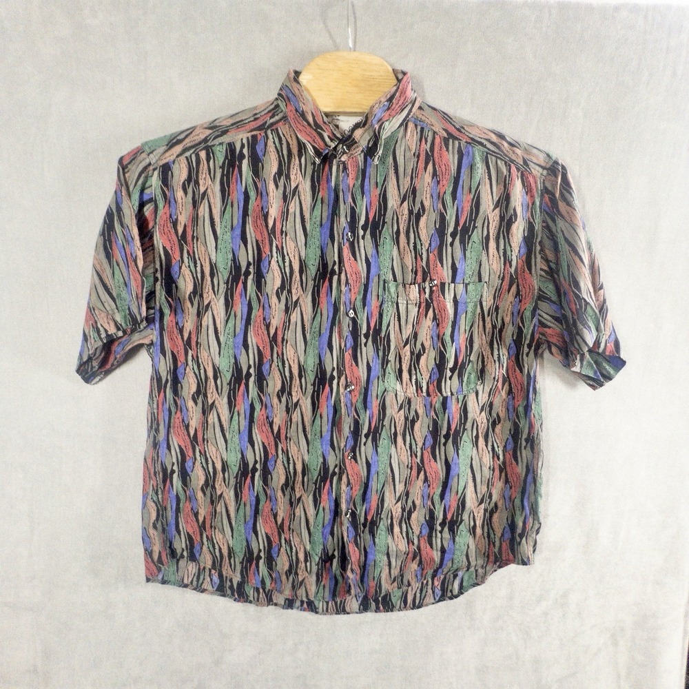 VTG GOOUCH Rayon Short Sleeve Button Down Shirt Abstract Art Large Made In Nepal